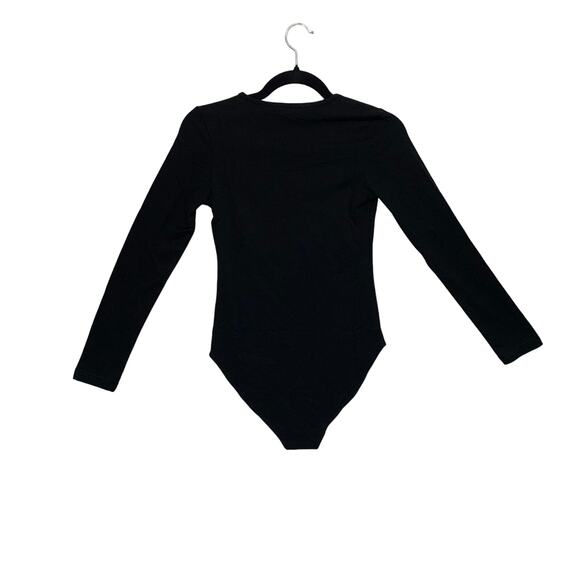 MANGOPOP Sweetheart Neckline Long Sleeve Bodysuit NWT Sz XS Black Lightweight - Picture 2 of 7